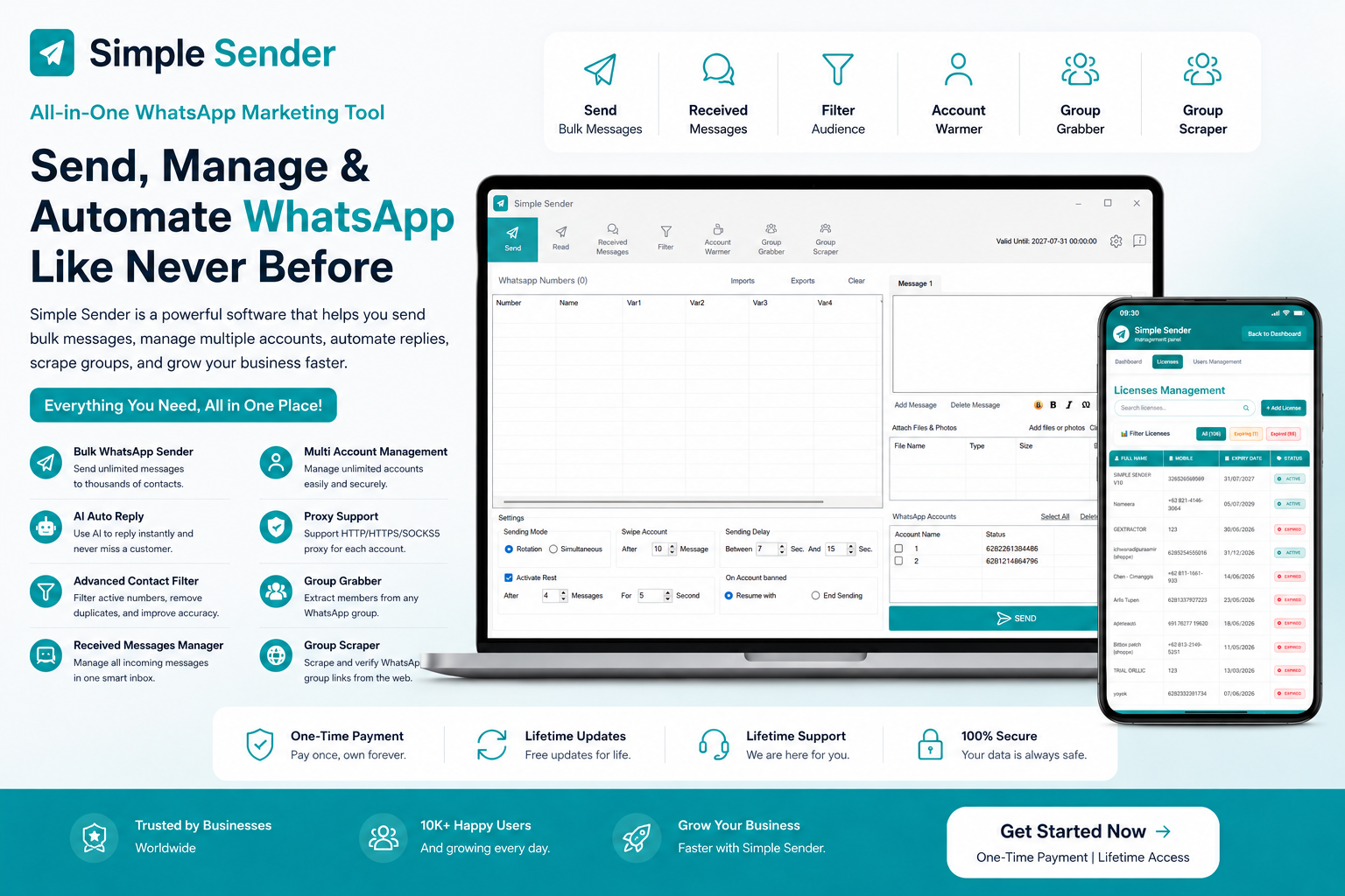 Simple Sender dashboard showing WhatsApp bulk messaging, automation, group scraper, account management, and contact filtering features.